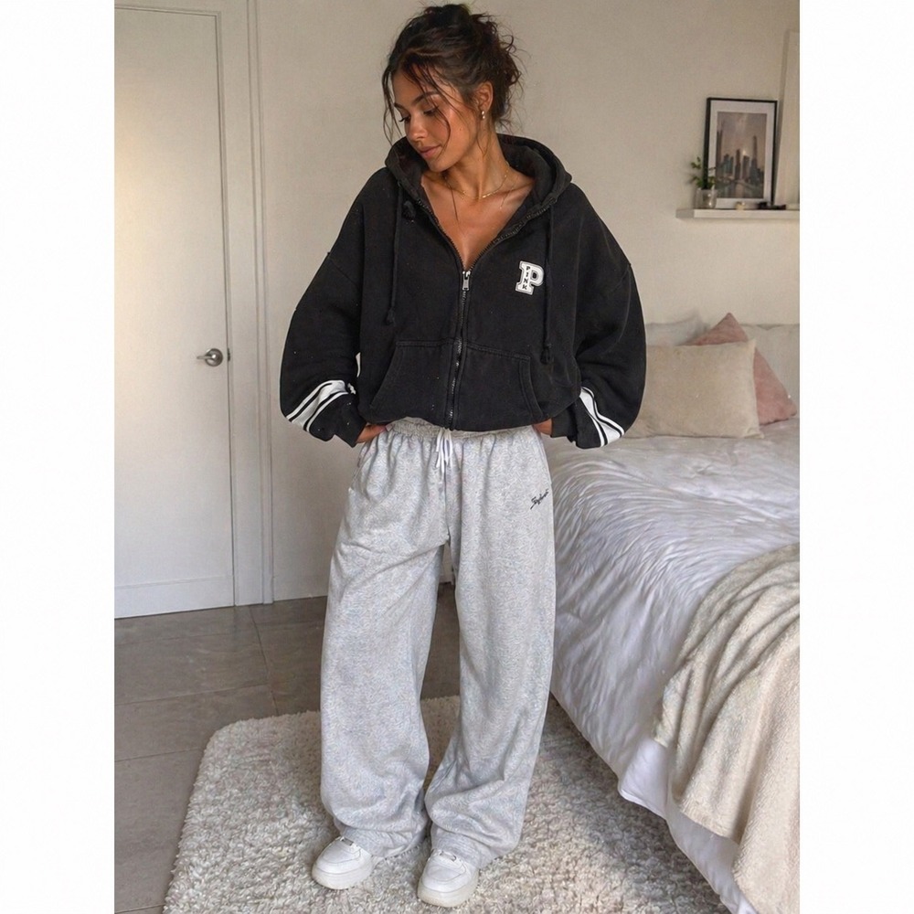 Victoria's Secret PINK Ivy Fleece Campus Full Zip Hoodie Black XL Oversized Y2K